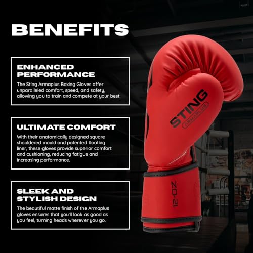 Image of STING Armaplus Boxing Gloves, Red, 12oz | T3 Outer Material and Floating Liner System | Hi Flow Core Padding | Square Shoulder Mould Design | Wrist Support Strap