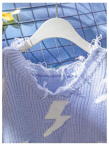 Floerns Girl's Graphic Print Long Sleeve Distressed Hem Pullover Top Raw Hem V Neck Crochet Knit Sweater3