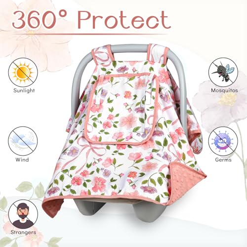 Image of Baby Carseat Seat Cover Girls, Winter Carseat Canopy, Cozy & Warm Cover with Zipper Peep Windows, Infant Minky Carrier Cover, Soft Breathable, Baby Must Have, Pink Bow