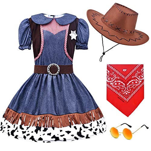 ZZIHAN Kids Cowgirl Costume Dress Outfits for Girls Role Play Cowboy Cowgirl Hat Bandanas Belt Sunglasses Dress up Accessories for Girl Birthday Party Halloween Christmas Cosplay Gift Costume 7-8Year