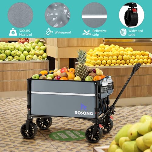 Image of ROSONG Collapsible Wagon Cart with Wheels, Grey with Cover, 120L | Foldable, Folding Utility, Heavy Duty, For Grocery Sports Garden Shopping Camping