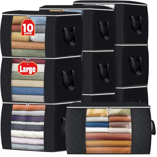Image of Fab totes 24 Gallons Clothes Storage, Foldable Thick Fabric Blanket Storage Bags, Containers for Organizing Bedroom, Closet, Clothing, Comforter, Organization with Handle (10 Pack,Black)