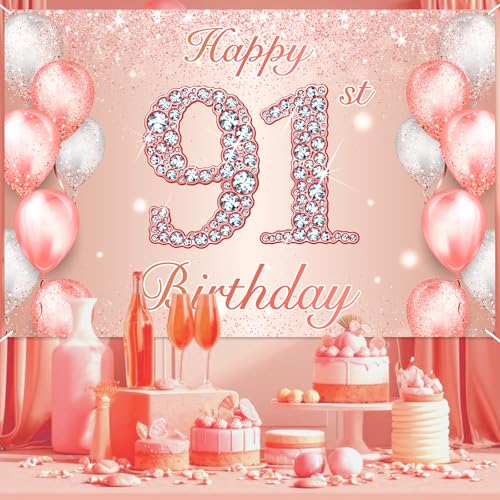 Image of Happy 91st Birthday Rose Gold Banner Cheers to 91 Years Old Backdrop Confetti Balloons Theme Decor for Women 91 Years Old Pink Birthday Party Decorations Bday Supplies Background Favors Gift Glitter