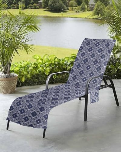 Geometric Blue Beach Chair Towel Covers for Chaise Lounge with Side Pocket, Soft Plush Pool Towels Cover for Patio Sunbathing Outdoor Minimalist Modern Gradient Star Art 29''x85''