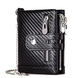 boshiho Real Leather RFID Blocking Bifold Wallets for Men Double Zipper Coin Pocket Purse with Anti-Theft Chain (Carbon Fiber Black)