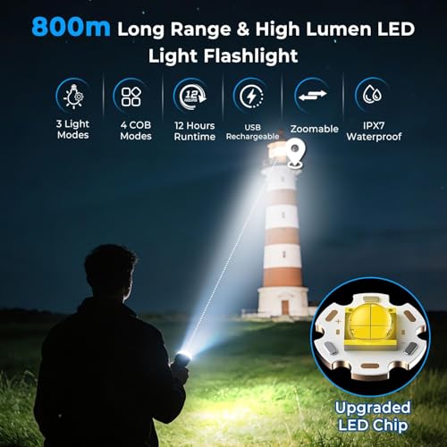 Image of Svoko Torch Light High Power Rechargeable, IPX7 Waterproof Led Charging Flashlight High Beam 800m Long Range with 7 Light Modes, Adjustable Portable Powerful Torchlight for Camping