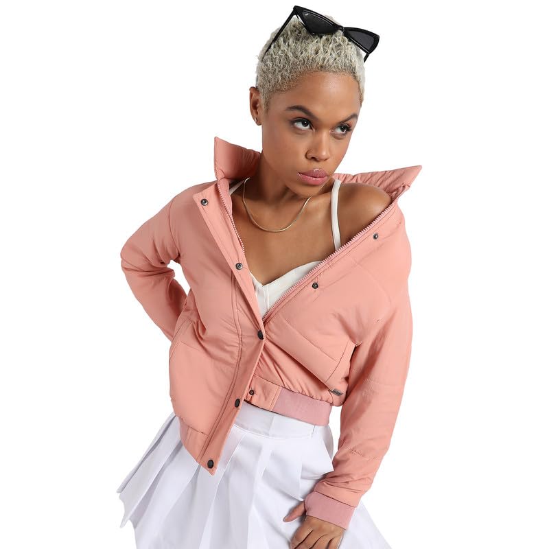 Image of PINACOLADA Women's Pink Puffer Regular Fit Bomber Jacket For Winter Wear | Standing Collar | Full Sleeve | Buttoned | Casual Jacket For Woman & Girl | Western Stylish Jacket For Women