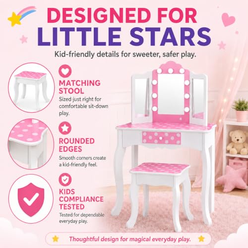 Image of Teamson Kids - Fashion Polka Dot Prints Gisele Play Vanity Set with LED Lights - Pink /White | For Girls, Makeup Table with Stool and Drawer, Pretend Beauty Toy Furniture, For Toddlers and Children