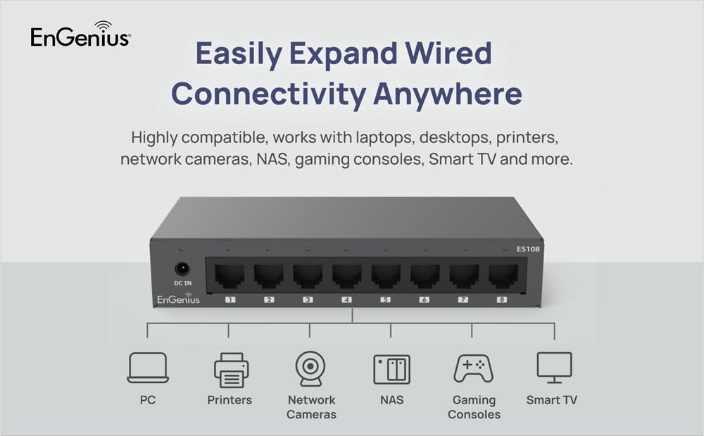 EnGenius 8-Port Gigabit Unmanaged Switch (ES108) | 5X GE Ports high-Speed Connections | Plug and Play | fanless Silent Operation | IEEE 802.3az Energy Effiecient