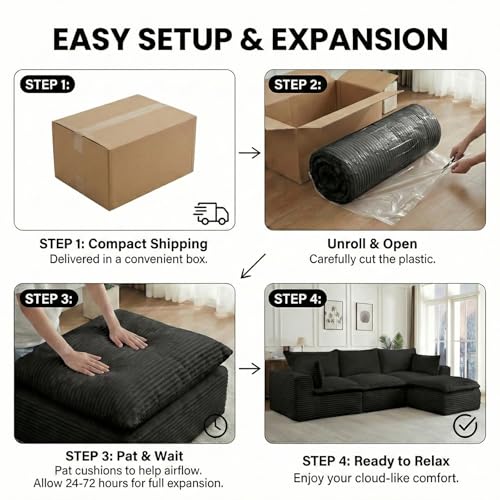 Image of Convertible 4 Piece Modular Sofa Sectional- Free Combination Corduroy Boneless Couch with Ottoman, Frameless Memory Foam Cloud Sofa for Apartment & Small Space, Bedroom