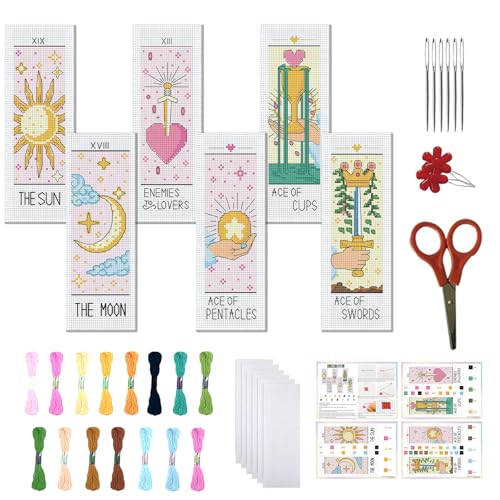 Image of FREEBLOSS 6 Set Cross Stitch Bookmark Kit Stamped Cross Stitch Kit Tarot Cards Theme Embroidery Set with Instruction for Adults 8''*2.4''