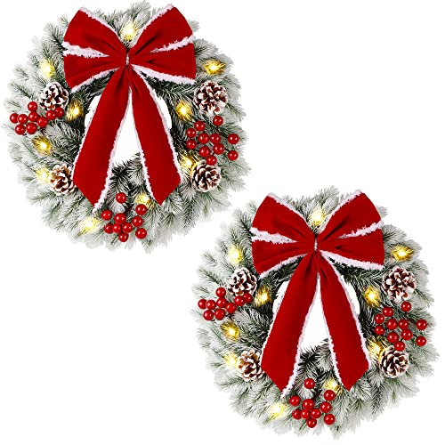 2 Pcs Lighted Christmas Wreaths, 13 Inch Pre-Lit Mini Xmas Wreath With Red Bow, Pine Needle Wreath With Led Lights, Light Up Christmas Wreath For Front Door Holiday Wall Christmas Party Decor #TOP7
