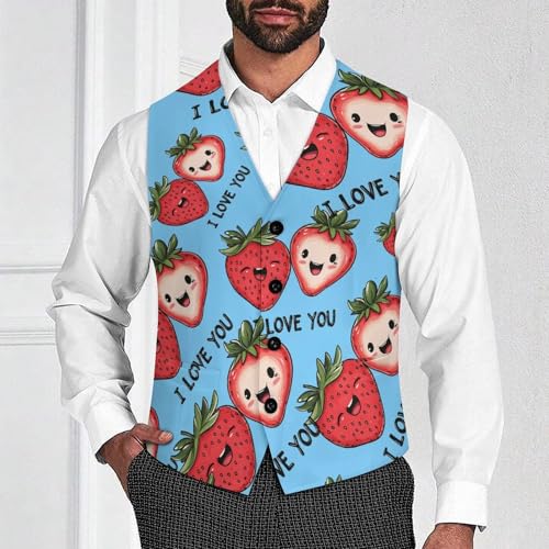 Strawberry I LOVE YOU Men's Suit Vests Business Formal Dress Vest V-Neck Waistcoat for Wedding Casual2