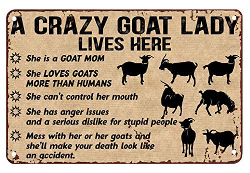 Décoration murale en métal pour salon, avec inscription « A Crazy Goat Lady Lives Here She is a Goat Mom Goat » - Décoration d'intérieur vintage en aluminium - 20,3 x 30,5 cm