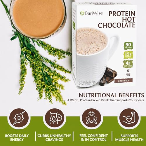 Image of BariWise Protein Hot Chocolate Drink with Casein Protein - 7 ct (Chocolate) | 15g Protein, 90 Calories, Low Sugar, 4g Net Carb, Gluten-Free, Keto-Friendly - Hot Chocolate Drink Mix, Bariatric Must-Haves
