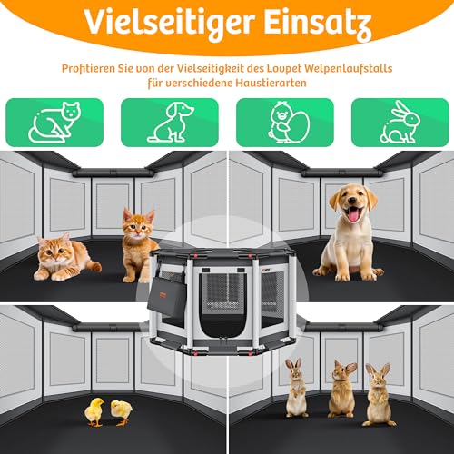 LOVPET® Welpenlaufstall drinnen draußen Welpenauslauf Hunde-Käfig Oxford-Gewebe Tier-Laufstall Kleintier Katzen Freigehege Rahmen PVC-Rohr mit Tasche, 3X Kauknochen & 10 Pad, M 72x72x43cm, Anthrazit