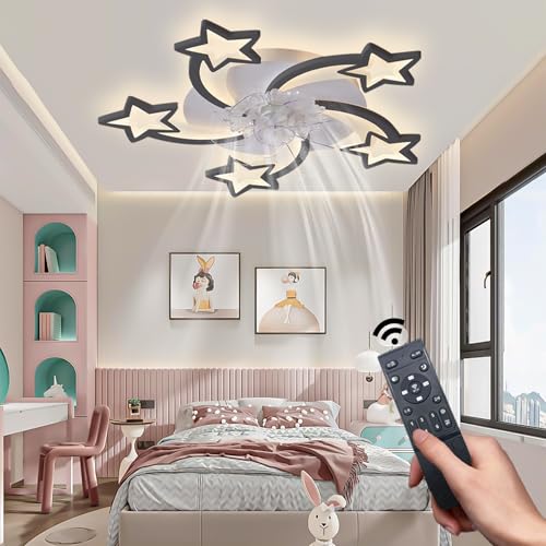Caunmar Ventiladores De Techo Con Luz Infantil Silencioso Lampara Ventilador Techo LED Regulable 6 Velocidades Ceiling Fan with Light Luz Función De Memoria Diseño Meteor Dormitorio Salón 74CM