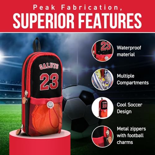 Image of DEOXY Polyester Large Capacity Pencil Pouch with 3 Zippers & 5 Compartments - Waterproof Standing Pencil Case with Metal Zipper + Football Charm & Coin Pouch (Idol), red