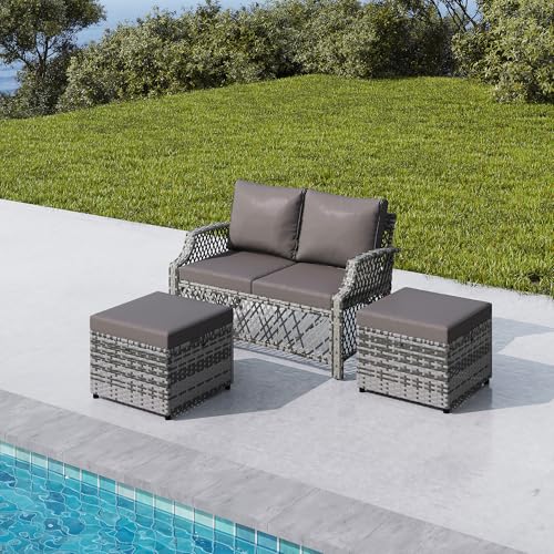 Image of HOMREST 3 Piece Patio Loveseat Set, Outdoor Wicker Sofa with 2 Ottomans & Cushions, All-Weather PE Wicker Patio Furniture for Porch, Poolside, Garden & Deck(Gray) | Outdoor Wicker Sofa