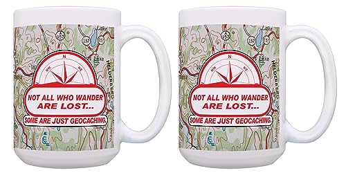 ThisWear Geocaching Gift For Women Not All Who Wander Are Lost 2 Pack 15oz Ceramic Coffee Mug Set