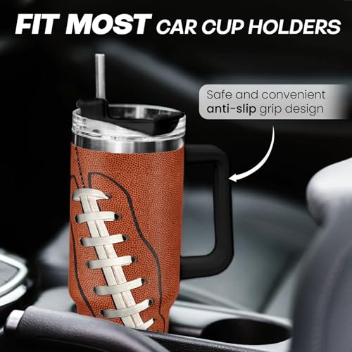 Image of Football Tumbler with Handle 40oz Insulated Stainless Steel Cup with Lid & Straw, Travel Cup, Gifts for Men, Boys, Players, Coaches, Sports Lovers, Christmas, Birthday