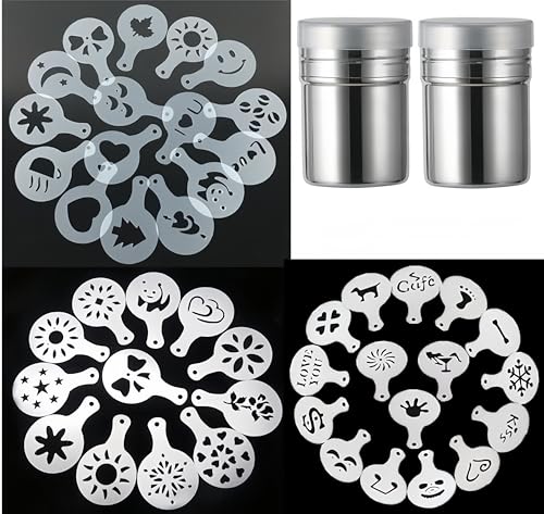 Magnoloran 44 Coffee Stencils+2 Mesh Powder Shakers Coffee Decoration Stencils Coffee Art Templates Coffee Mold Tool for Christmas Thanksgiving Cake Coffee