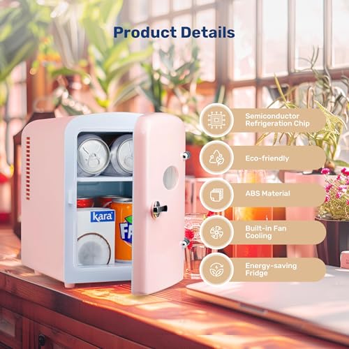 Image of Simple Deluxe 4L /6 Can Portable Mini Fridge with Observation Window, Compact Cooler & Warmer Freon-Free Small Refrigerator, for Skincare, Beverage, Food, Cosmetics, Pink