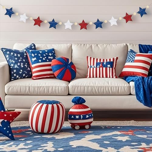Image of 4th of July Star Mantle Garland Wooden Rustic Star Banner Vintage Independence Day Beads Garland Farmhouse 4th of July Decorations Hanging Celebration Decoration for Home Party Supplies