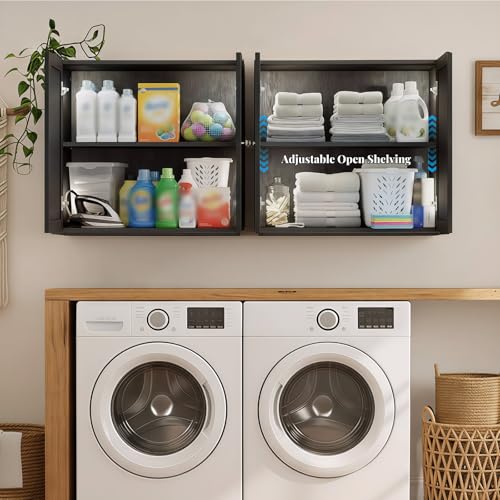 Image of Laundry Room Cabinets with Lights, 24INCH Bathroom Cabinets Wall Mounted with Adjustable Shelves, Rattan Wall Cabinet for Bedroom, Kitchen, Bathroom (2PCS, Black)