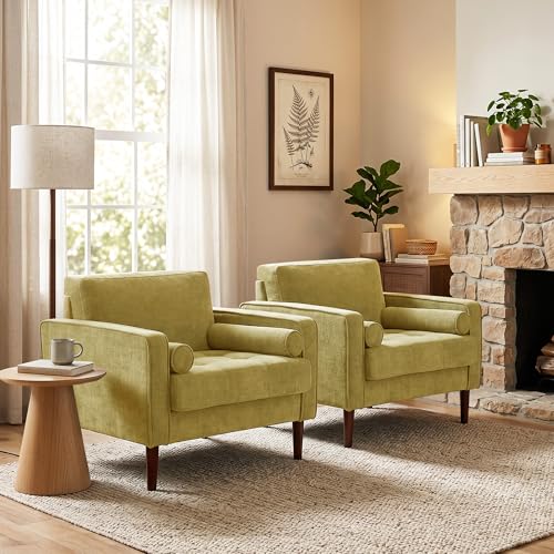 Image of Accent Chair, Chenille Upholstered Armchairs for Living Room, Comfy Single Sofa Bedroom Reading Seat with 2 Bolster Pillows, Yellow