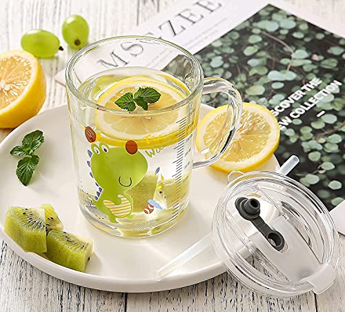 Image of ANKUL Leakproof Random Design Glass Measuring Drinking Mug 350ml with Handle and Clear Lid with Straw for Girls & Boys Multiple Usage (1, Kid Mug)