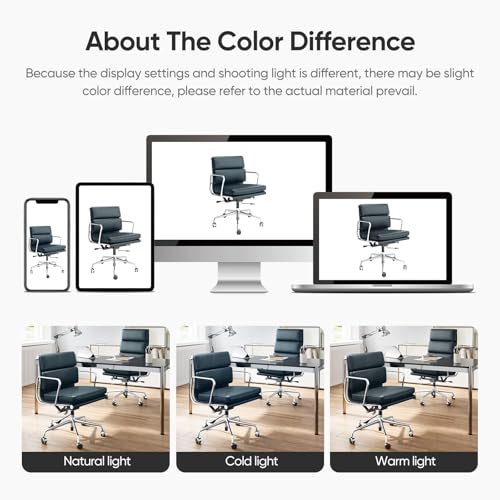 Image of Mid-Back Genuine Leather Office Chair, Padded Executive Desk Chair with Aluminum Arms and Base, Swivel Wheels with Lumbar Support & Tilting Function, Hight Adjustable, Silent Weheels, Dark Blue
