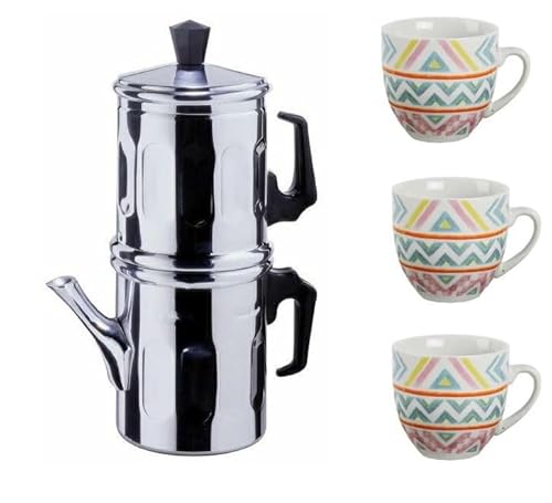 mille idee Caffettiera Napoletana3 tazze in Alluminio + Set 3 Tazzine da Caffè in Ceramica – Tradizionale Cuccumella per Caffè alla Napoletana – Manici Resistenti – Design Colorato