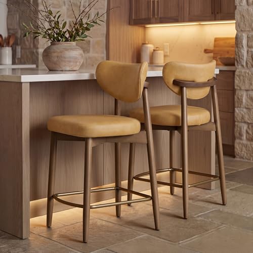 Image of VASAGLE Wooden Bar Stools Set of 2, Synthetic Leather, Caramel Brown | Barstools with Solid Wood Legs, Ergonomic Backrest, Mid Century Modern, for Kitchen Island, Synthetic Leather