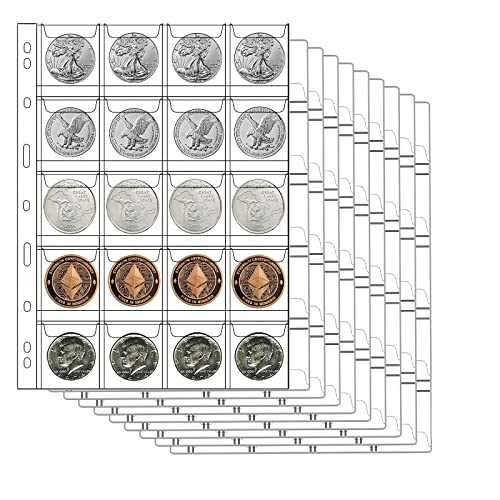 AITIME 20-Pocket Coin Sleeves, 10 Sheets Coin Pockets Pages for Binder