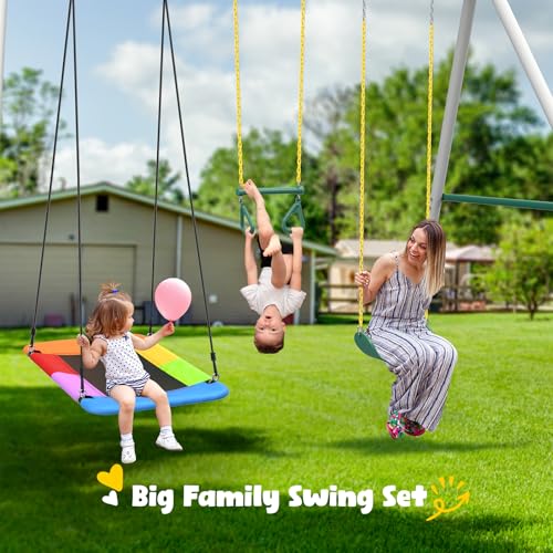 Image of Hapfan 9.5' Tall Heavy Duty Metal Swing Sets for Backyard with 3 Swings | Platform + Belt + Trapeze Swings, Weather-resistant A-frame Swingset, 600 lbs Capacity, Easy Backyard Setup