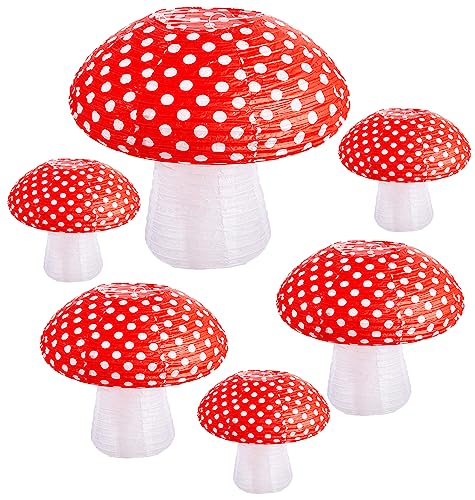 Image of Mushroom Paper Lanterns 6 Pcs Mushroom Hanging Paper Lanterns 3 Size Paper Lantern Bedroom for Alice in Wonderland Themed Birthday Baby Shower Fairy Theme Party Decorations