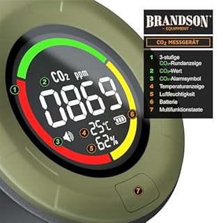 Brandson - CO2 Melder - Messgerät to Go - tragbar – Luftqualitätsprüfer - Kohlendioxidmessung PPM – 1200 mAh Akku CO2 Alarm – Temperaturanzeige, Luftfeuchtigkeit, Multifunktionstaste - Co2 Detektor