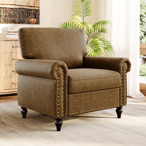 Image of Nailhead Trim Accent Chair,Faux Leahter Mid Century Modern Living Room Arm Chairs,Comfy Bedroom Reading Chair for Adults,Cozy Single Sofa Corner Side Room Chair,Vintage Brown