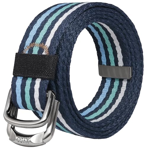 Double D-Ring Metal Buckle Canvas Colorful Web Belt, Adjustable Mulit-Color Striped Travel 53 inch