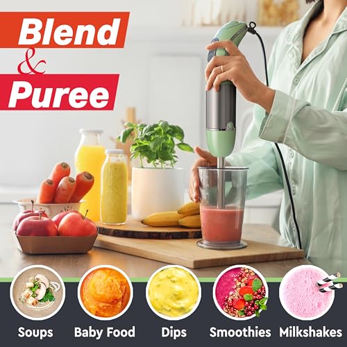 Image of Mueller Multistick 800W 4-in-1 Immersion Blender Handheld, 12 Speed Hand Mixer - Turbo Boost, Heaviest Duty Copper Motor, Titanium Blades Hand Blender, Milk Frother Wand, Whisk, Beaker, Chopper, Green