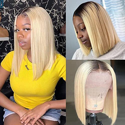 Ombre Blonde Short Bob Wig Human Hair Straight Ombre Lace Front Wigs Deep Part 10 Inch 1B/613 Frontal Bob Wigs for Women Pre Plucked Hairline 180% Density