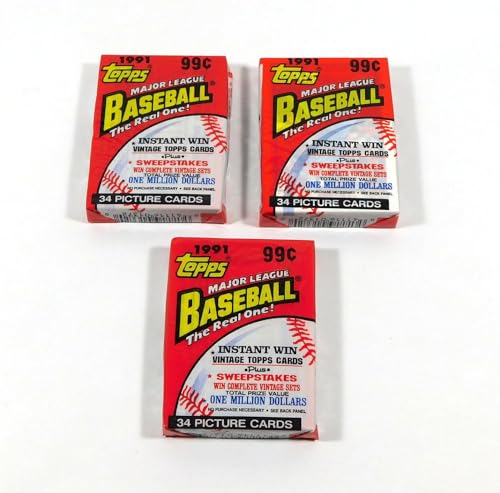 Lot of 3 1991 Topps Baseball Cello Packs (102 Cards Total) Possible Chipper Jones Rookie Card