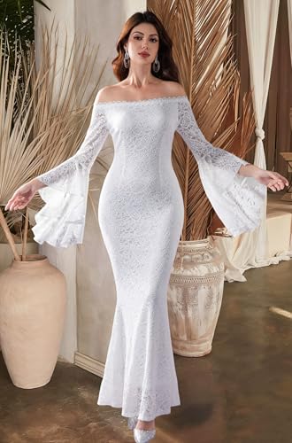 Image of Cercis Womens Off The Shoulder Floral Lace Maxi Wedding Dress Boho Flowy Wedding Guest Formal Long Dresses