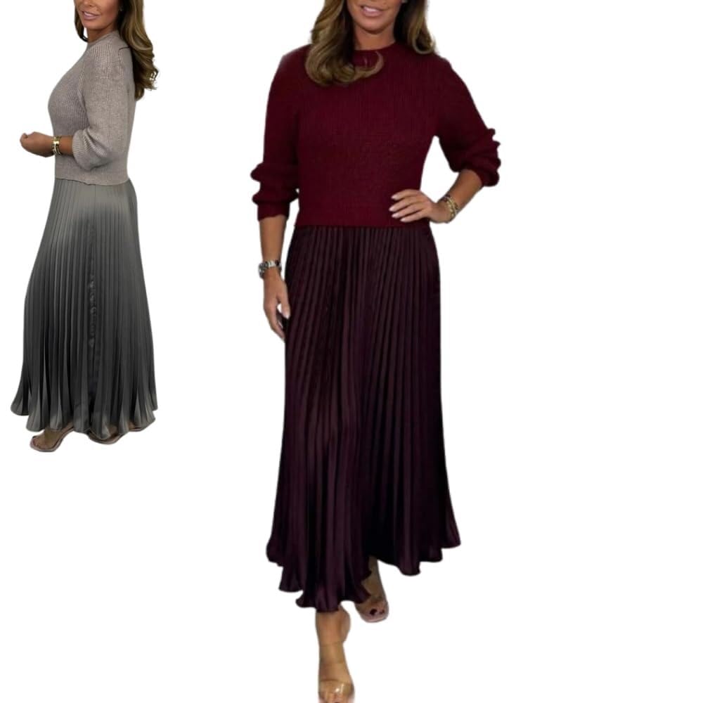 Lockenstab Women's Solid Color Long Sleeve Jumper & Pleated Bottom Dress Fashion Sweatshirt Top and(Wine,Medium)