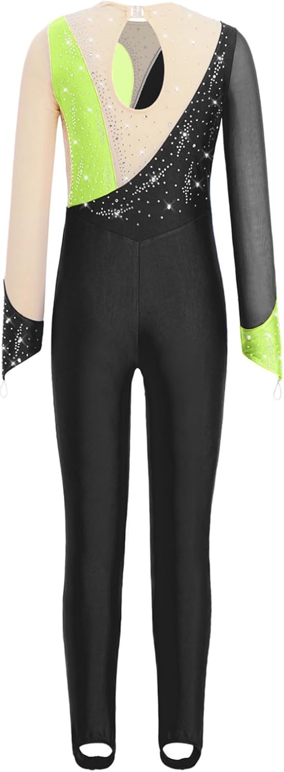 JEATHA Kids Girls Full Length Dance Unitard Stirrup Foot Catsuit Gymnastics Leotard Stretchy Bodysuit