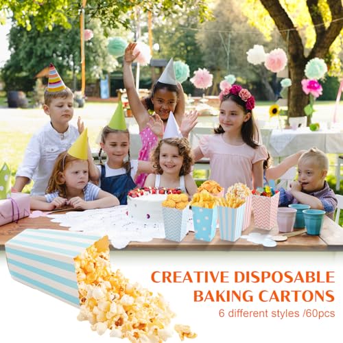 YILANJIN Popcorn Boxes, 60 Pack Popcorn Boxes with Striped, Polka Dot and Waves Pattern, Pink and Blue Small Popcorn Cartons, Sweet Containers, for Movie Night, Party, Birthday (2 x 4.5 Inch)