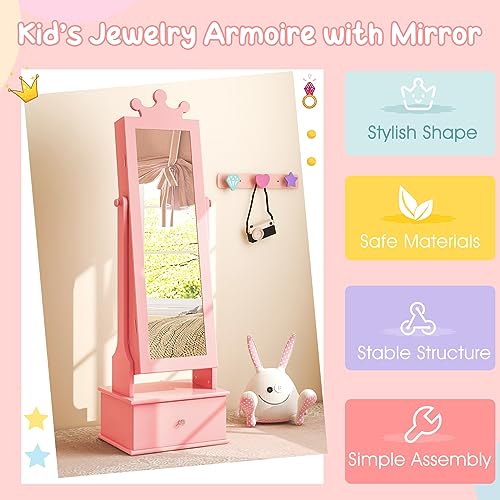 Costzon Kids Jewelry Armoire Cabinet, 45” Standing Jewelry Organizer with Full-Length Mirror, 3 Storage Drawers, Kids Vanity Dress Up Mirror Jewelry Cabinet for Girls (Pink)