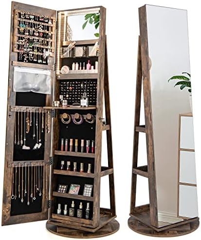 CHARMAID 360° Swivel Jewelry Armoire with Full Length Mirror, Rea...