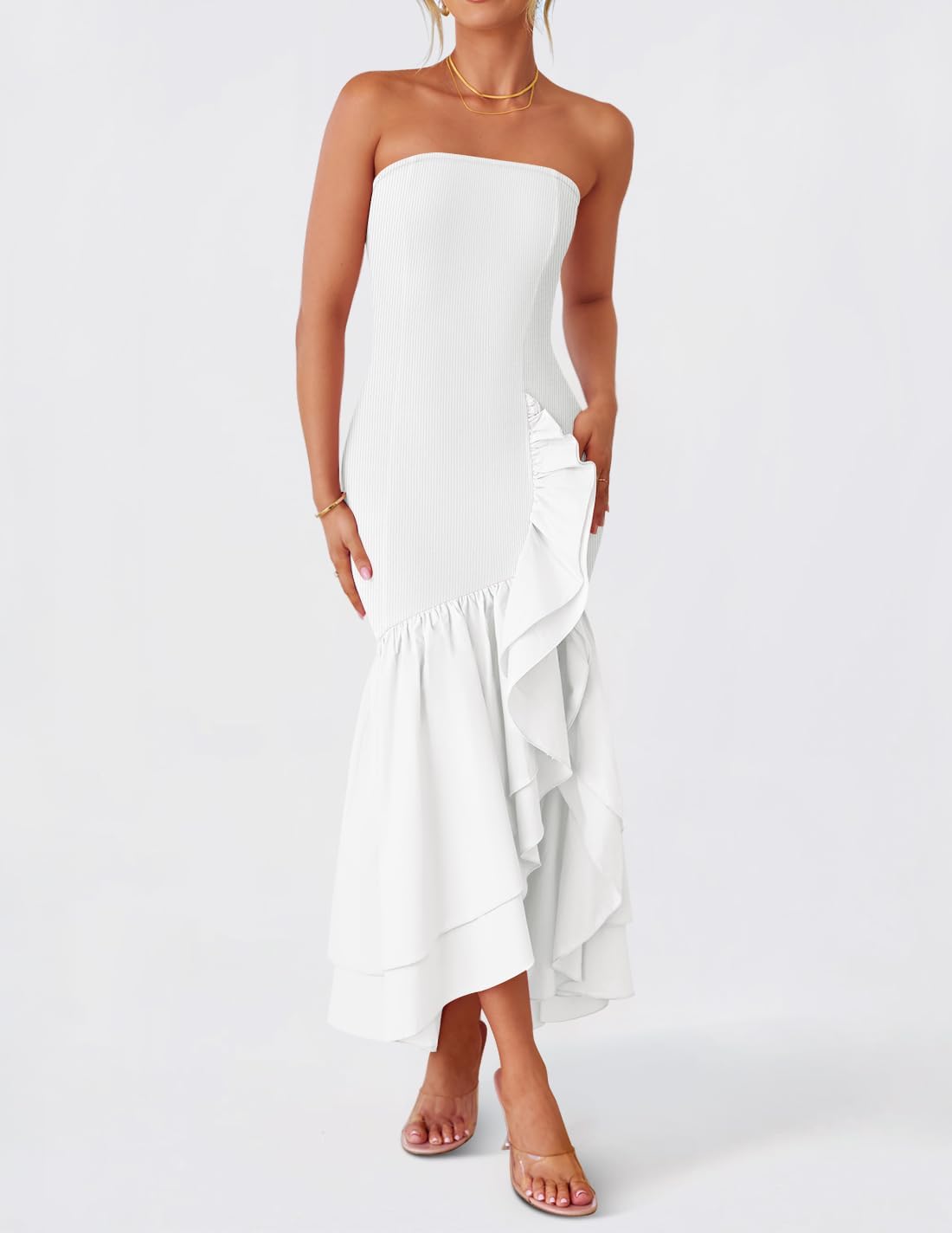 ZESICA Women's 2025 Summer Strapless Bodycon Maxi Dress Ribbed Sexy High Split Mermaid Prom Party Dresses - Image 7